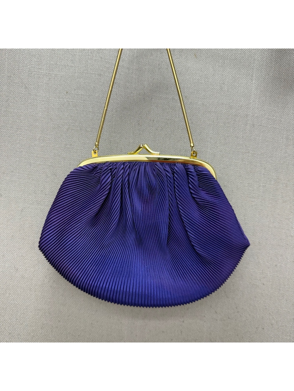 Vintage HL USA Purple Pleated Satin Evening Bag 1950s Kiss Lock Chain Clutch